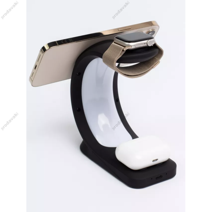 Бездротова зарядка стенд T17 3 IN 1 MagSafe RGB Light (iPhone, iWatch, AirPods) Black