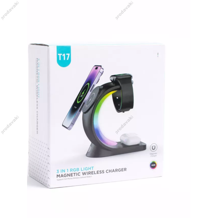 Бездротова зарядка стенд T17 3 IN 1 MagSafe RGB Light (iPhone, iWatch, AirPods) Black
