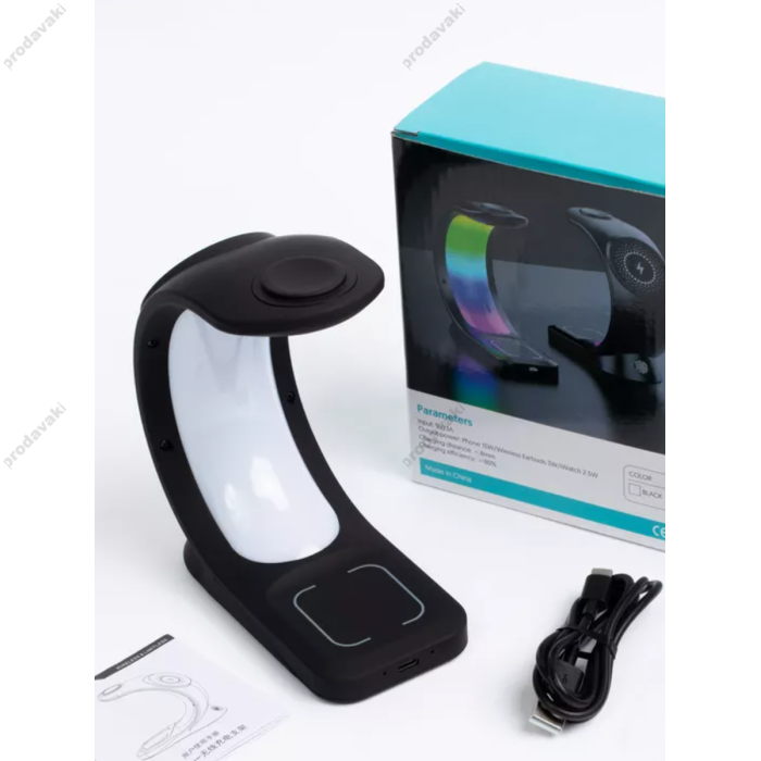 Бездротова зарядка стенд T17 3 IN 1 MagSafe RGB Light (iPhone, iWatch, AirPods) Black