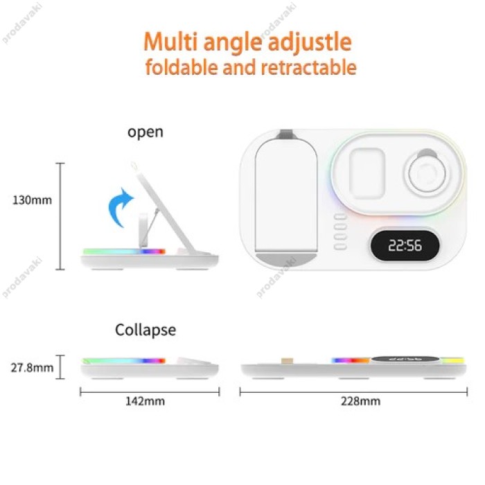 Бездротова зарядка стенд 4 IN 1 A06 RGB (iPhone, iWatch, AirPods, Clock) 30W FAST Black