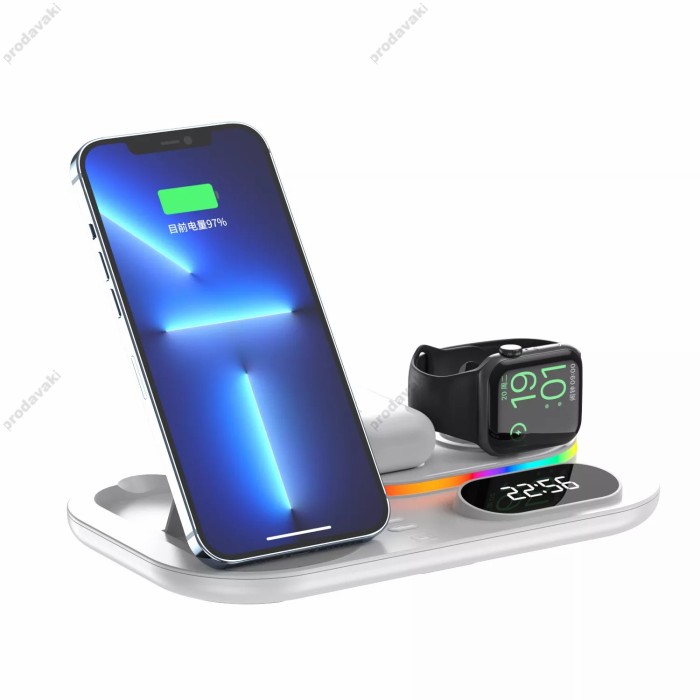 Бездротова зарядка стенд 4 IN 1 A06 RGB (iPhone, iWatch, AirPods, Clock) 30W FAST Black