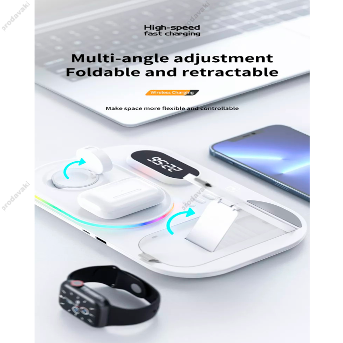 Бездротова зарядка стенд 4 IN 1 A06 RGB (iPhone, iWatch, AirPods, Clock) 30W FAST Black