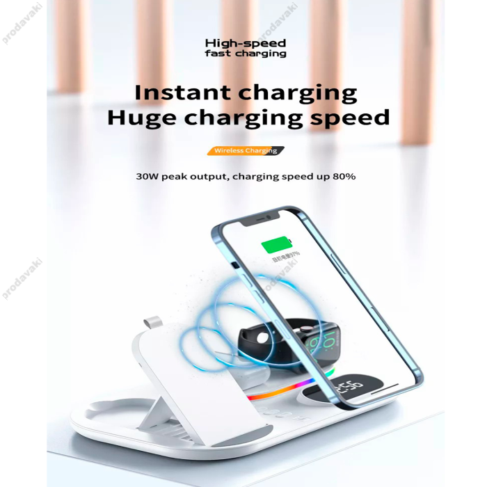 Бездротова зарядка стенд 4 IN 1 A06 RGB (iPhone, iWatch, AirPods, Clock) 30W FAST Black
