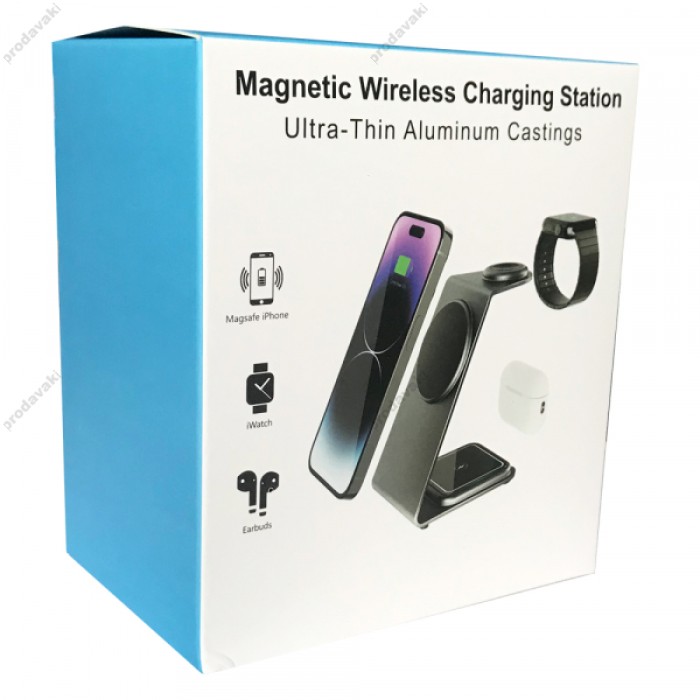 Бездротова зарядка стенд 3 in 1 M01 MagSafe Ultra-Thin (iPhone, iWatch, AirPods) 15W Sierra Blue