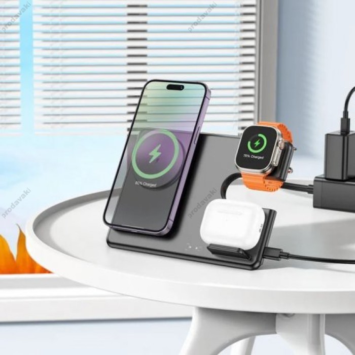 Бездротовий зарядний пристрій Magnetic Wireless Charger 3 in 1 Hoco CQ1 Geek folding for iWatch black