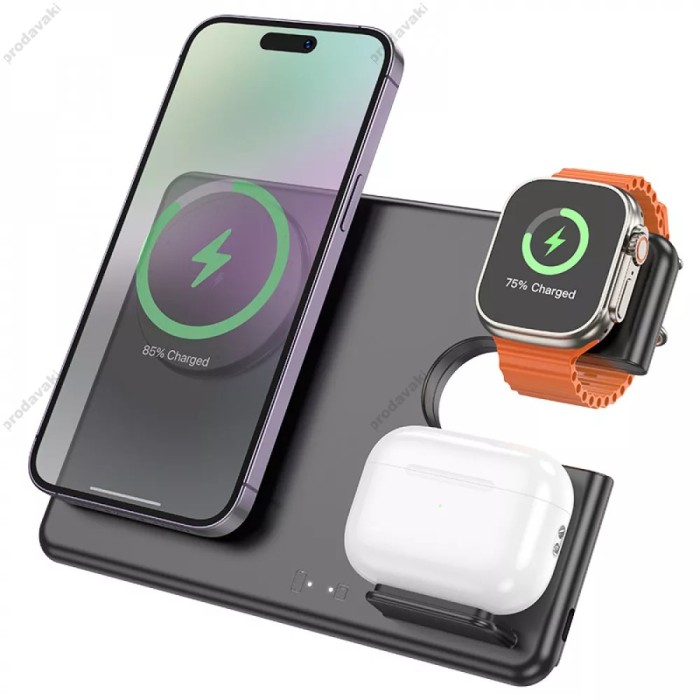 Бездротовий зарядний пристрій Magnetic Wireless Charger 3 in 1 Hoco CQ1 Geek folding for iWatch black