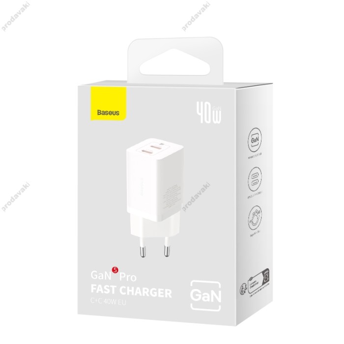 Мережевий зарядний пристрій Baseus GaN5 Pro Fast Charger C+C 40W White CCGP180102