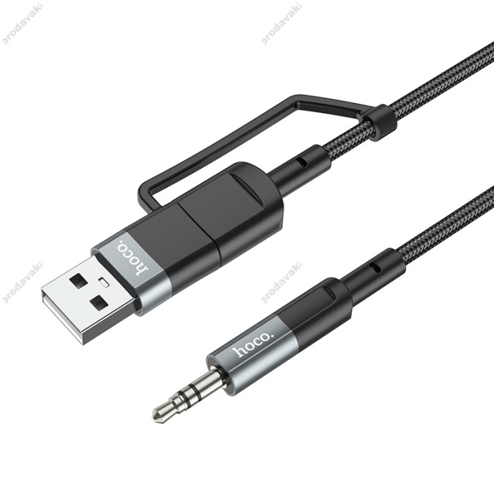 AUX-кабель Аудіоадаптер HOCO UPA23 Type-C + USB 2-in-1 digital audio conversion cable 1m. Metal Gray