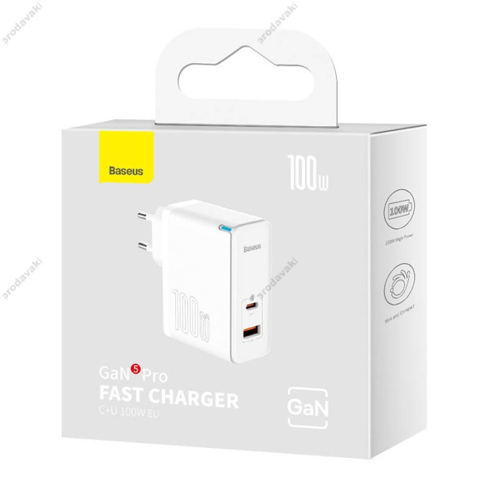 Мережевий зарядний пристрій Baseus GaN5 Pro Fast Charger Type-C cable 100W White CCGP090202