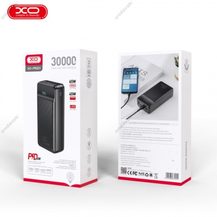Повербанк портативний акумулятор Power bank XO PR201 Fast Charge Digital Display PD65W 30000 mAh Black