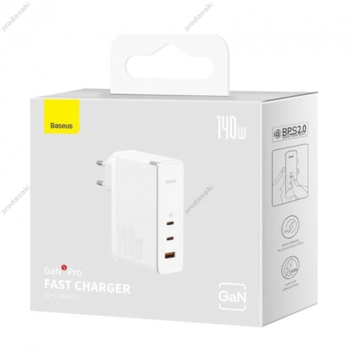 Мережевий зарядний пристрій Baseus GaN5 Pro Fast Charger 2C+U Type-C cable 140W White CCGP100202