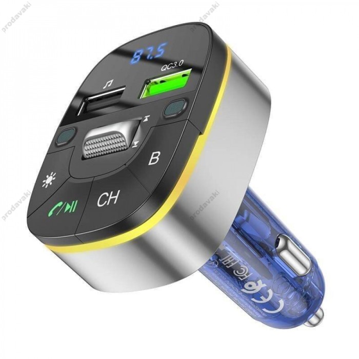 FM - трансмітер HOCO E71 Crystal transparent discovery edition QC3.0 BT5.0 Блакитний
