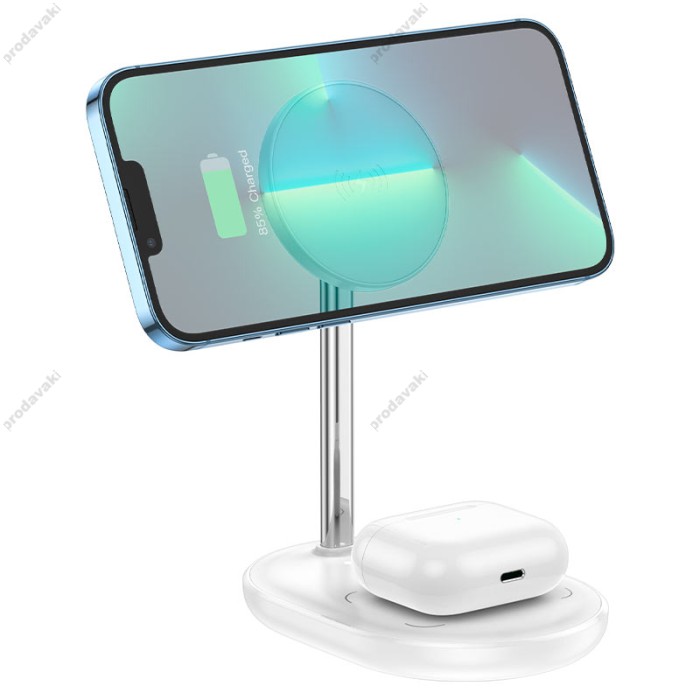 Беспровідний зарядний пристрій HOCO CW40 Noble 3-in-1 magnetic holder with wireless fast charging 15W Білий