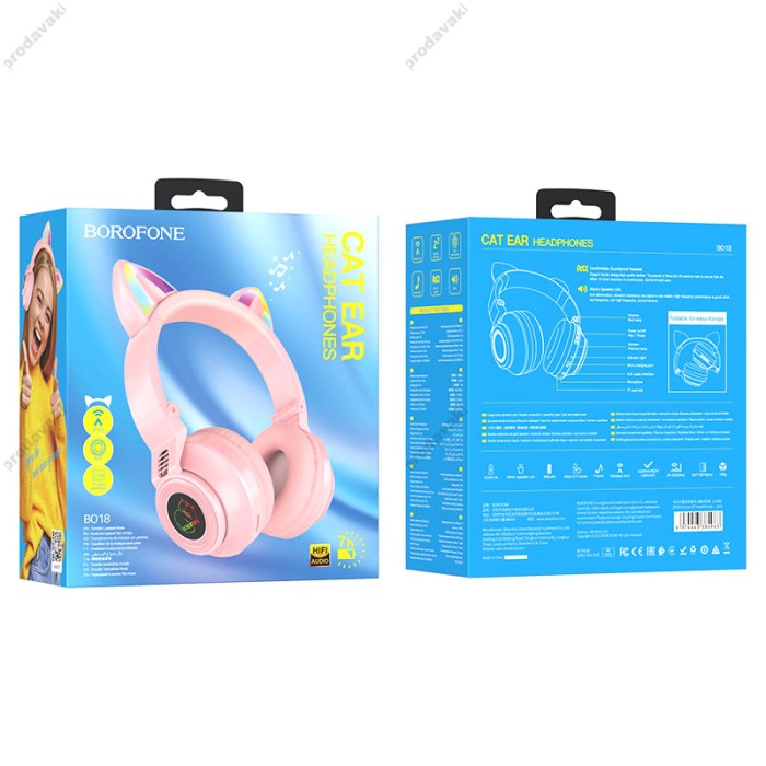 Бездротові Bluetooth навушники BOROFONE BO18 Cat ear headphones BT 5.0 Pink