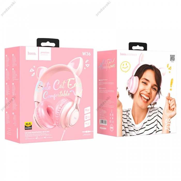 Дротові навушники Hoco W36 Cat ear headphones with mic Pink