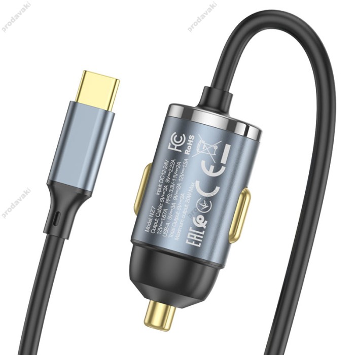 Автомобільний зарядний пристрій Hoco NZ7 Type-C Cable Car charger 3A 20W Grey