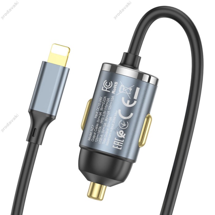 Автомобільний зарядний пристрій Hoco NZ7 Lightning Cable Car charger 3A 20W Grey