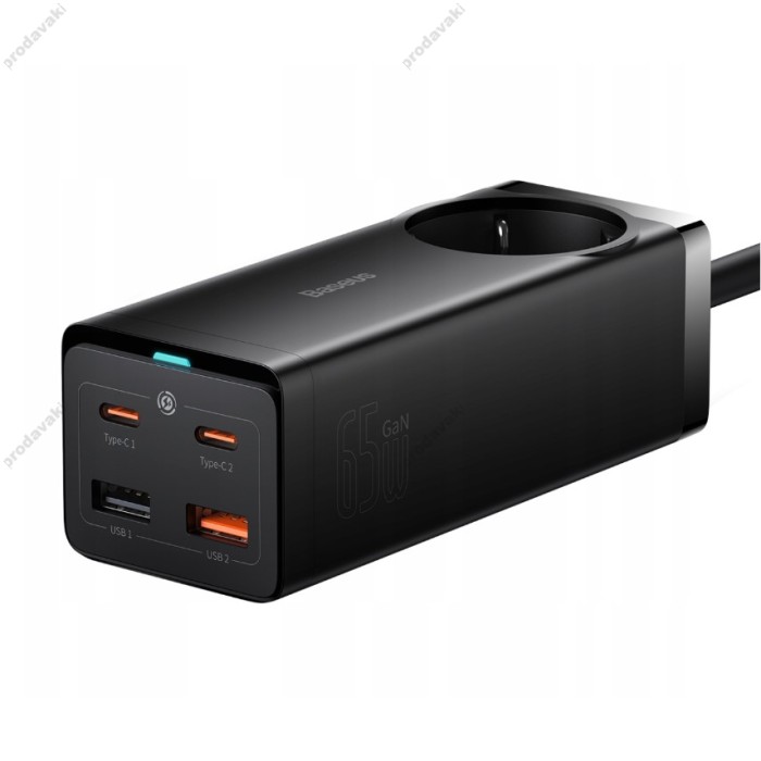 Мережевий зарядний пристрій Baseus GaN3 Pro 65W (2xUSB, 2xType-C+ розетка) + кабель USB-C 100W black (PSZM000901)