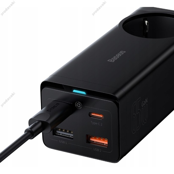 Мережевий зарядний пристрій Baseus GaN3 Pro 65W (2xUSB, 2xType-C+ розетка) + кабель USB-C 100W black (PSZM000901)