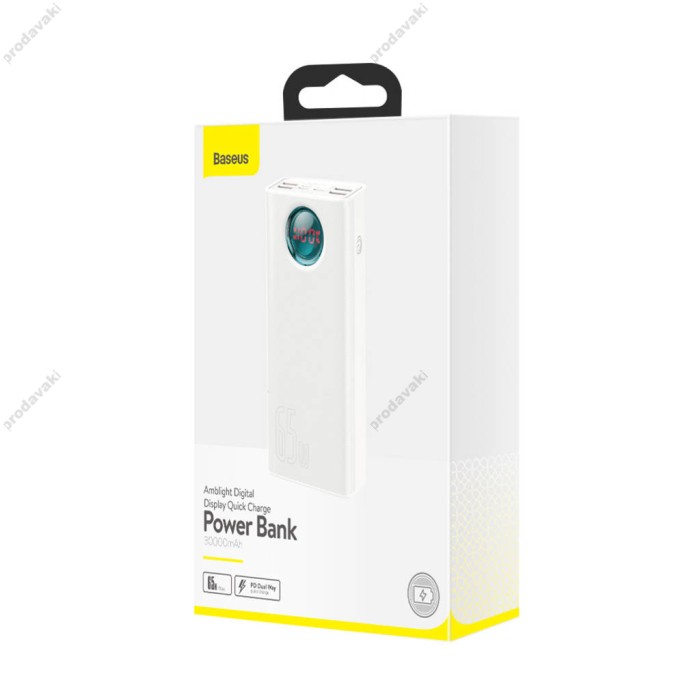 Повербанк портативний акумулятор Power Bank Baseus Amblight Digital Display 65W 30000 mAh White PPLG000102