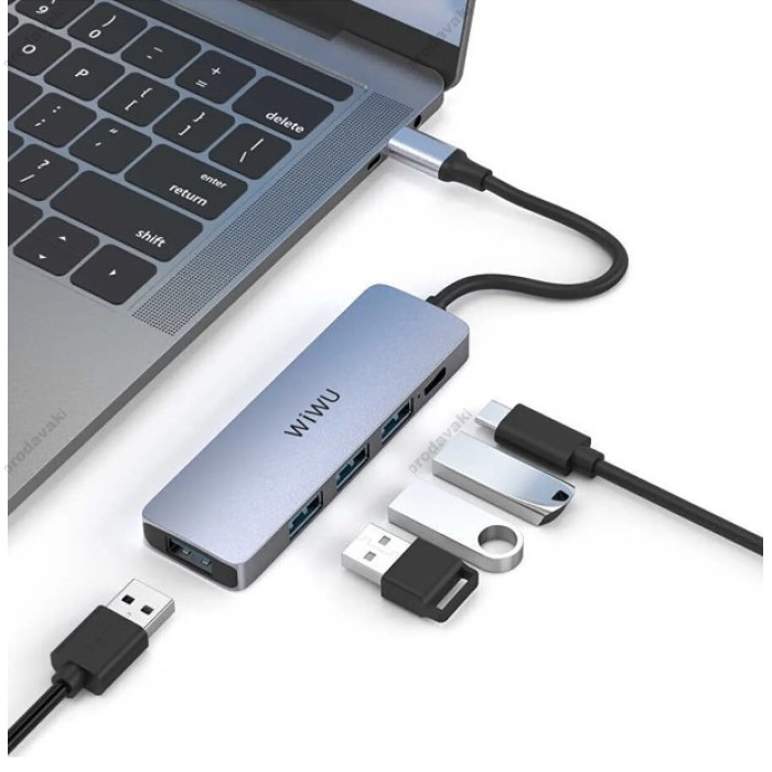 USB-Хаб Wiwu 541BC Alpha 5в1 Type-C to 3xUSB 3.0+USB 2.0+PD Grey