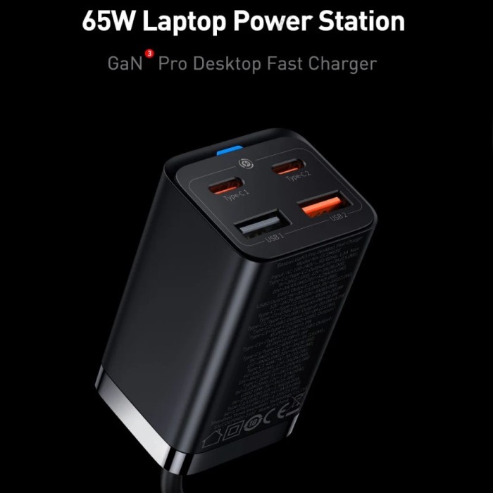 Мережевий зарядний пристрій Baseus GaN3 Pro Desktop Fast Charger 2C+2USB 65W EU Black + Cable Type-C to Type-C