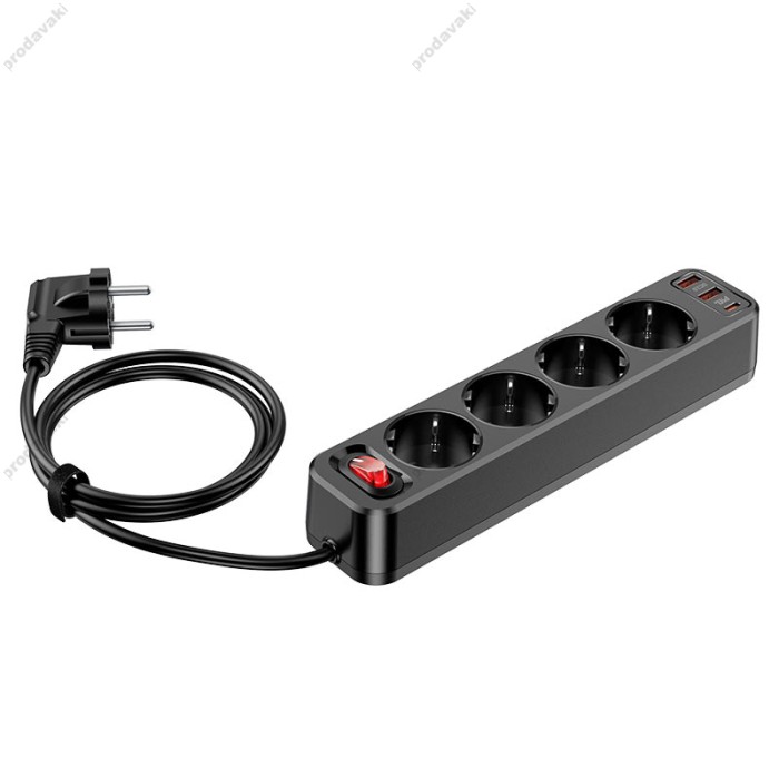 Подовжувач мережі фільтр HOCO NS1 Aura 4-bit extension 4Plug/1PD20W/2USB/QC3.0/4000W/3A/1,8m Black