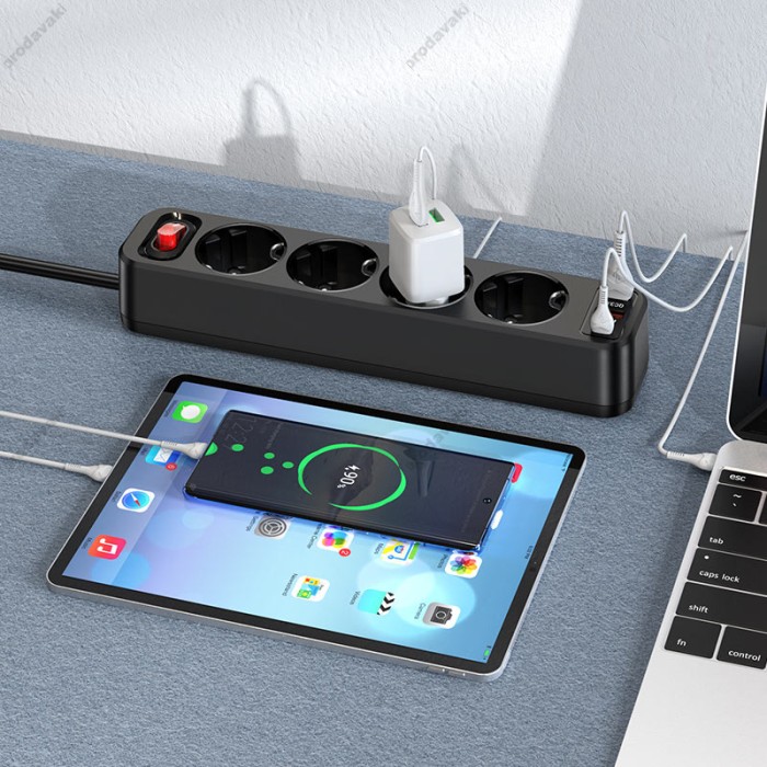 Подовжувач мережі фільтр HOCO NS1 Aura 4-bit extension 4Plug/1PD20W/2USB/QC3.0/4000W/3A/1,8m Black