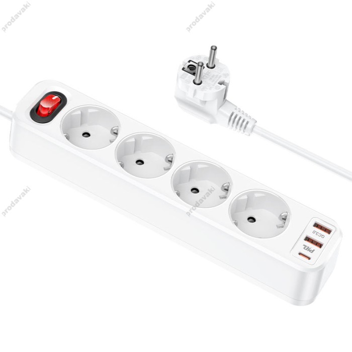 Подовжувач мережі фільтр HOCO NS1 Aura 4-bit extension 4Plug/1PD20W/2USB/QC3.0/4000W/3A/1,8m White