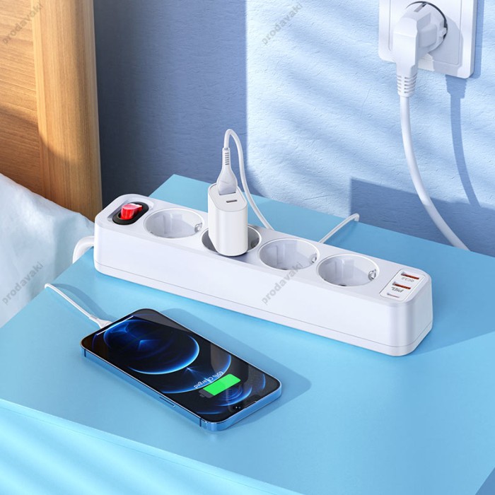 Подовжувач мережі фільтр HOCO NS1 Aura 4-bit extension 4Plug/1PD20W/2USB/QC3.0/4000W/3A/1,8m White