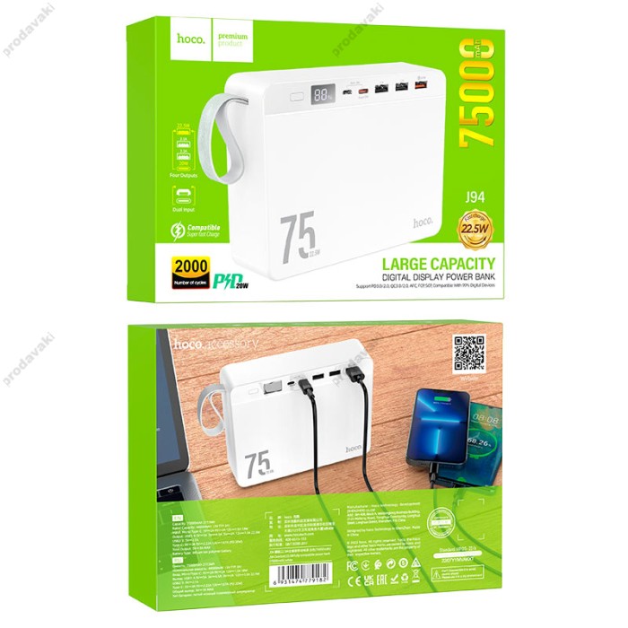 Повербанк портативний акумулятор Power bank Hoco J94 Overlord 22.5W 75000mAh White
