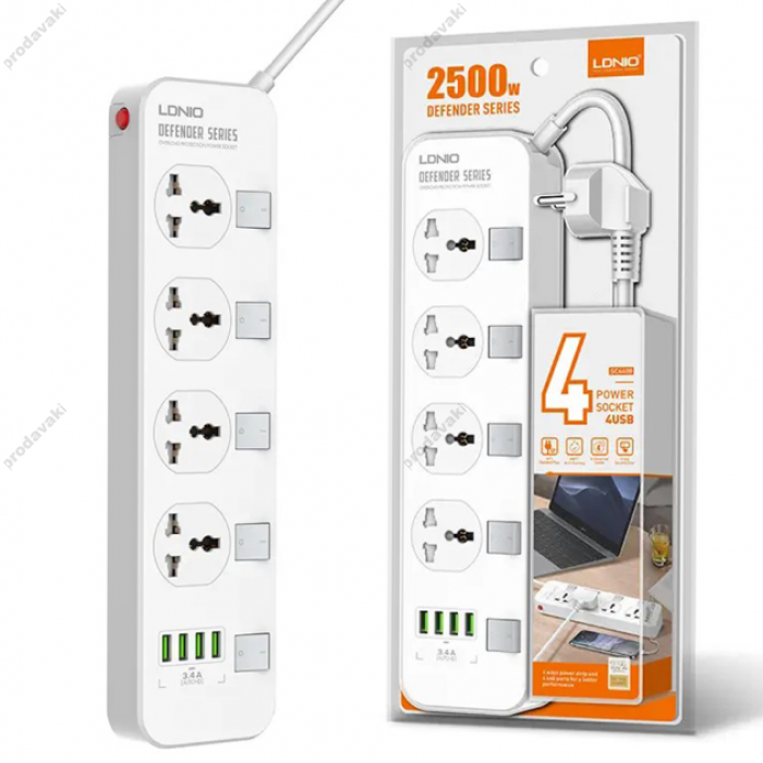 Подовжувач мережі фільтр Ldnio SE4408 - 4 USB 4 Ports  3.4A - White