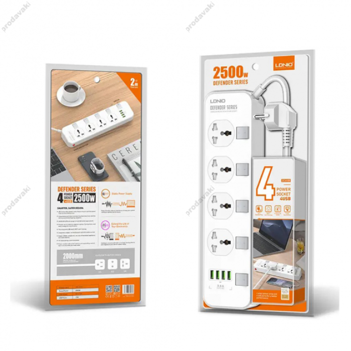 Подовжувач мережі фільтр Ldnio SE4408 - 4 USB 4 Ports  3.4A - White