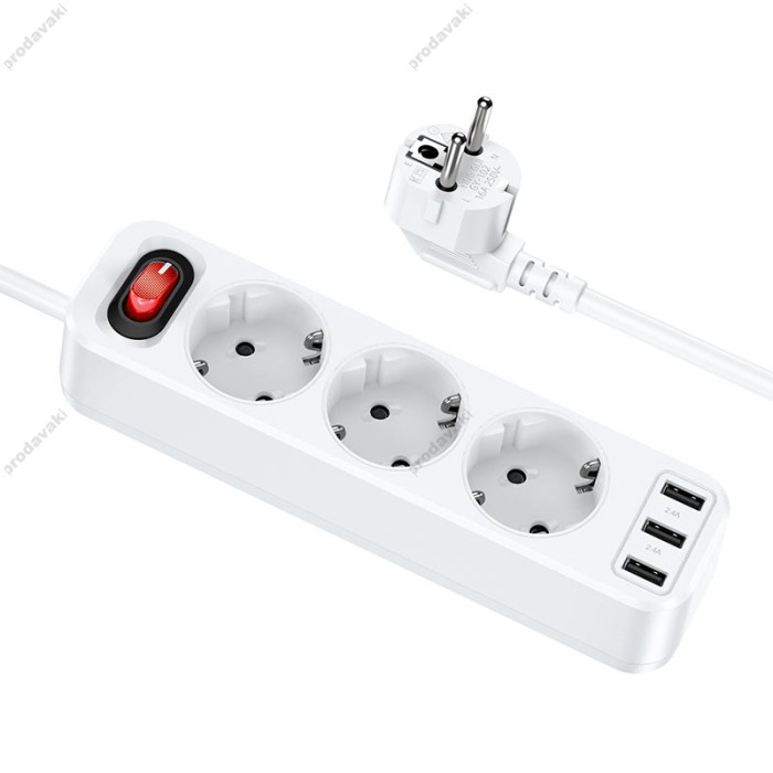 Подовжувач мережі фільтр HOCO NS2 3-position extension cord socket 3USB/3socket/4000W/1,8m White