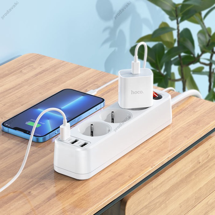 Подовжувач мережі фільтр HOCO NS2 3-position extension cord socket 3USB/3socket/4000W/1,8m White