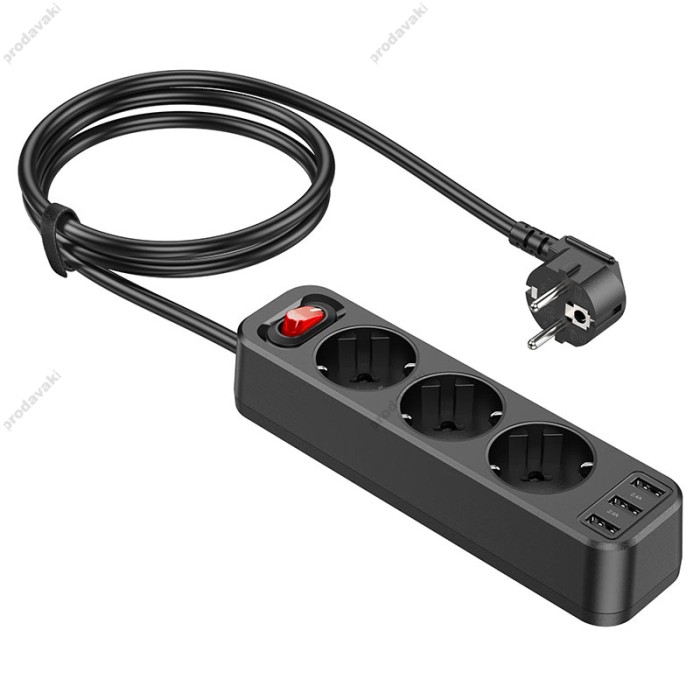Подовжувач мережі фільтр HOCO NS2 3-position extension cord socket 3USB/3socket/4000W/1,8m Black