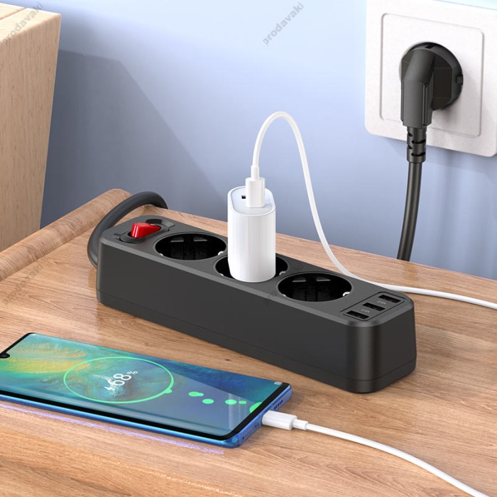 Подовжувач мережі фільтр HOCO NS2 3-position extension cord socket 3USB/3socket/4000W/1,8m Black