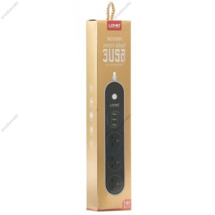 Мережевий фільтр (подовжувач) LDNIO SC3301, 3 Розетки + 3 USB
