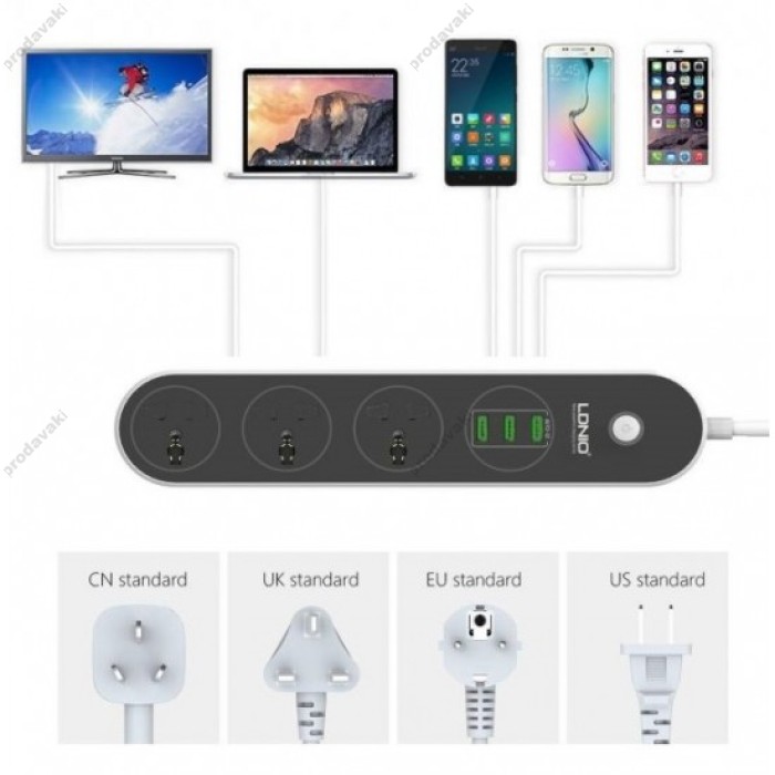 Мережевий фільтр (подовжувач) LDNIO SC3301, 3 Розетки + 3 USB