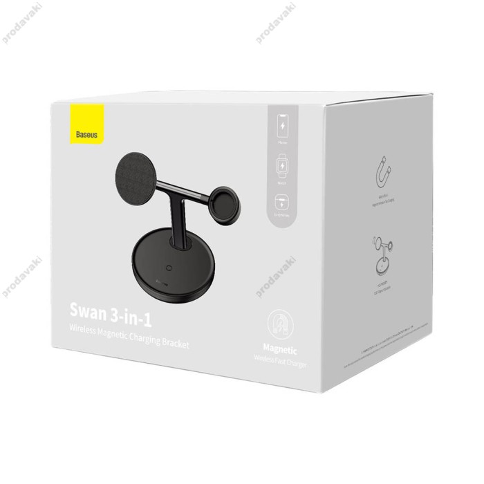 Бездротова зарядка Baseus Swan stand 3in1 magnetic charger with USB Type C cable 1m black (WXTE000101)