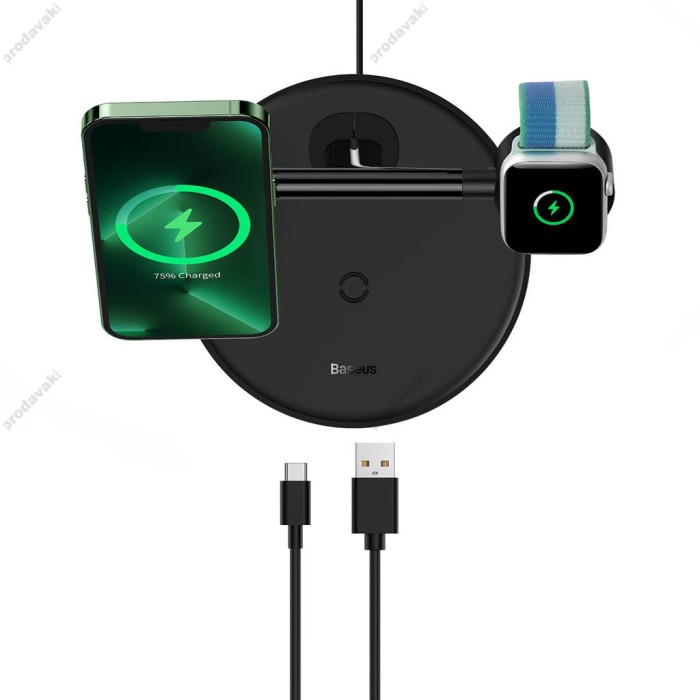 Бездротова зарядка Baseus Swan stand 3in1 magnetic charger with USB Type C cable 1m black (WXTE000101)
