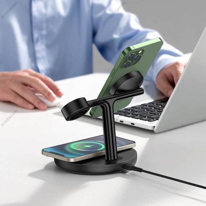 Бездротова зарядка Baseus Swan stand 3in1 magnetic charger with USB Type C cable 1m black (WXTE000101)