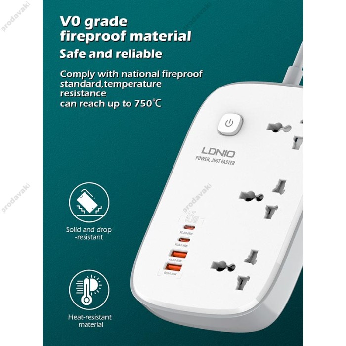 Подовжувач мережевий фільтр LDNIO SC3416 2USB/2Type-C 3Sockets QC/PD 65W/5A 2m EU Plug white