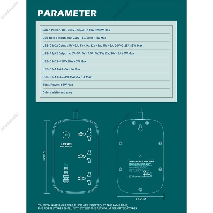 Подовжувач мережевий фільтр LDNIO SC3416 2USB/2Type-C 3Sockets QC/PD 65W/5A 2m EU Plug white