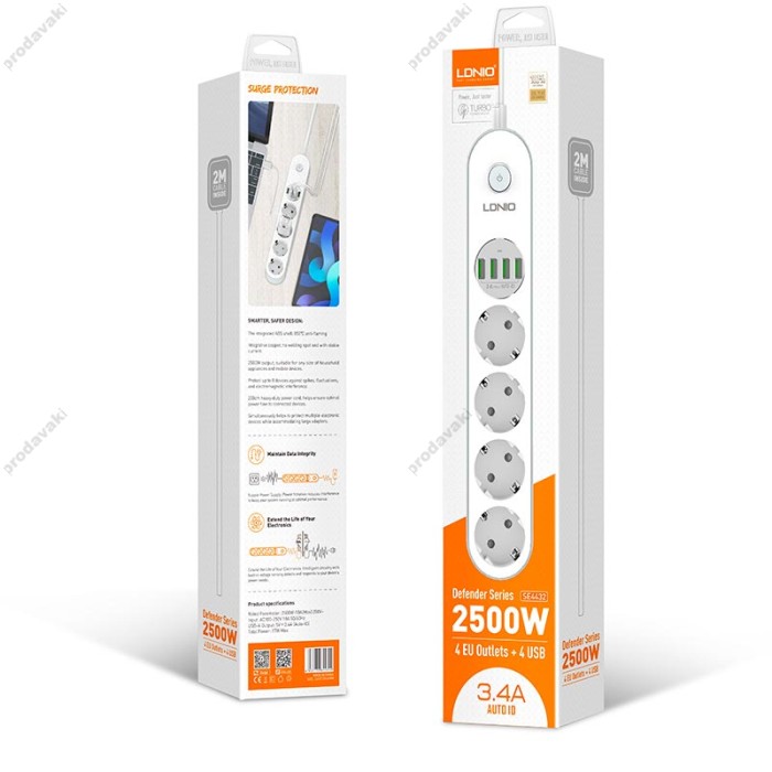 Подовжувач мережевий фільтр LDNIO SE4432 2500W 10A 2.0m 4usb 3.4A white