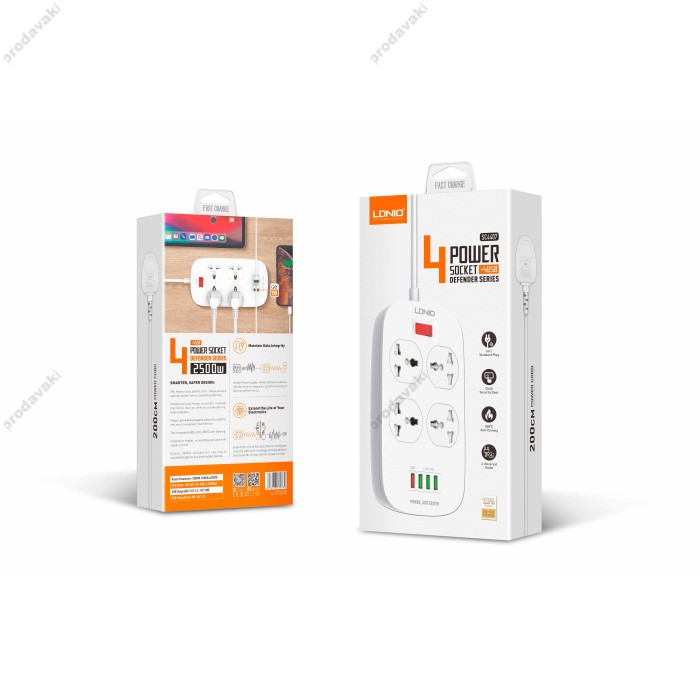 Подовжувач мережевий фільтр Ldnio SC4407 2500W 2m EU Plug 4 USB 4 Sockets QC3.0 3.1A 8W