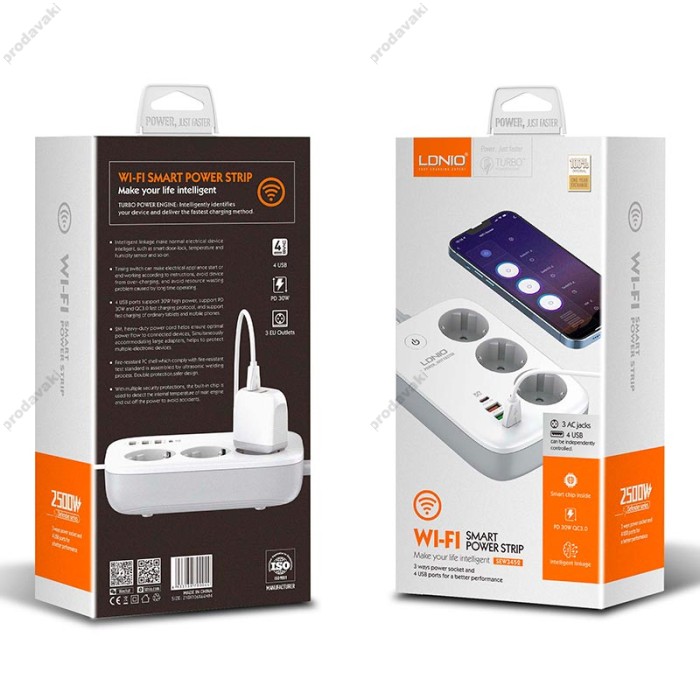 Подовжувач мережевий фільтр LDNIO c Wi-Fi SEW3452 3USB/1Type-C 3 Sockets QC/PD 30W/10A 2m EU Plug white