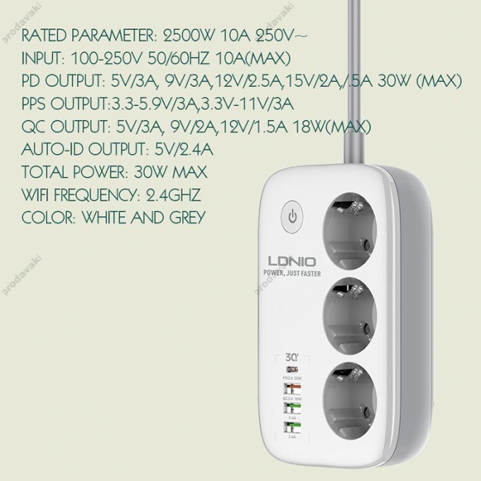 Подовжувач мережевий фільтр LDNIO c Wi-Fi SEW3452 3USB/1Type-C 3 Sockets QC/PD 30W/10A 2m EU Plug white