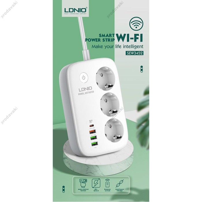 Подовжувач мережевий фільтр LDNIO c Wi-Fi SEW3452 3USB/1Type-C 3 Sockets QC/PD 30W/10A 2m EU Plug white