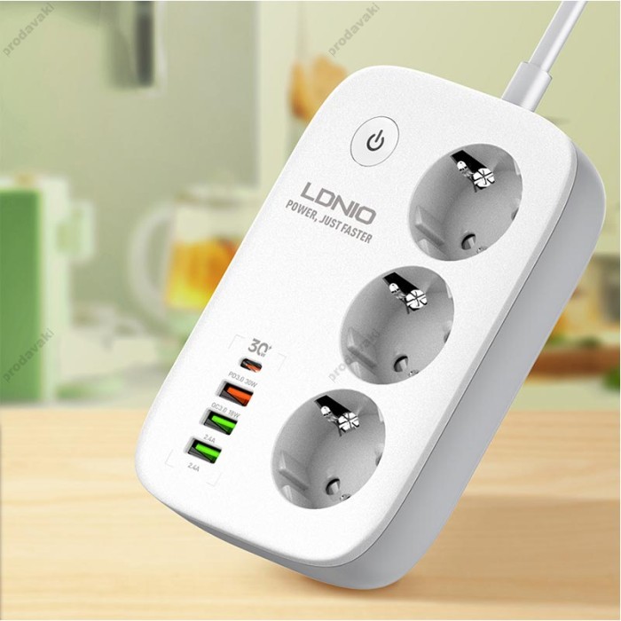 Подовжувач мережевий фільтр LDNIO c Wi-Fi SEW3452 3USB/1Type-C 3 Sockets QC/PD 30W/10A 2m EU Plug white